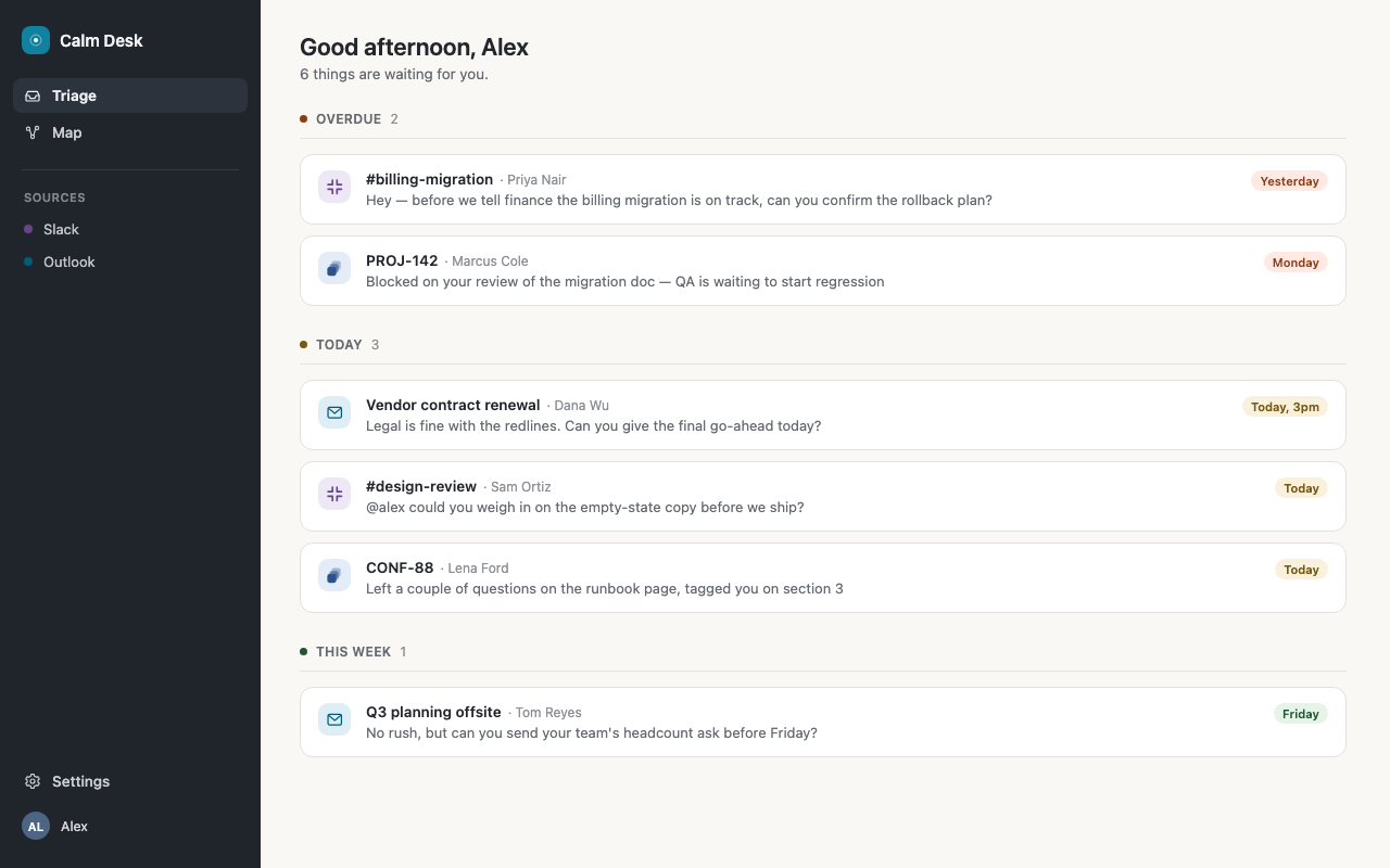 Calm Desk triage view showing mentions grouped by urgency