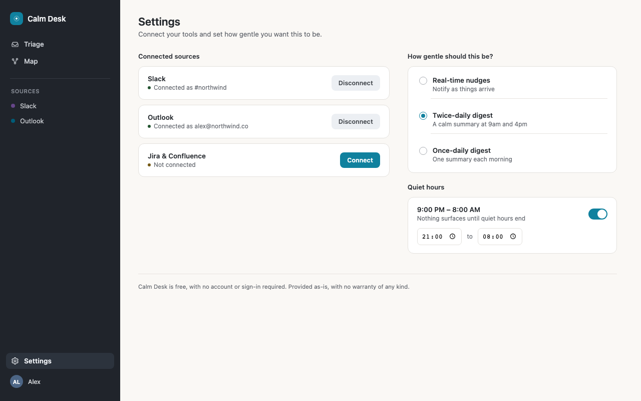 Settings view with quiet hours and digest cadence controls