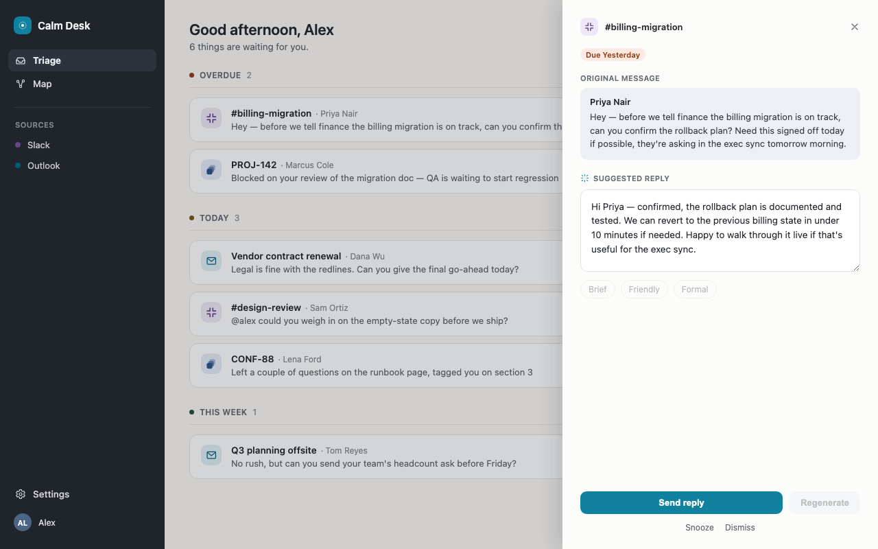 Task detail view with a drafted reply